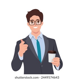 Young handsome businessman man holding coffee to take away. Flat vector illustration isolated on white background