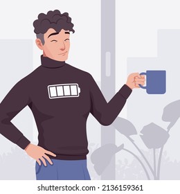 Young handsome businessman portrait, battery charging with drink. Office man, business look smart guy, black turtleneck sweater outfit, social media profile picture. Vector flat style illustration
