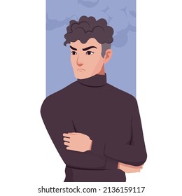 Young handsome businessman portrait, confident pose, seriously thoughtful. Office man, business look smart guy, turtleneck sweater outfits, social media profile picture. Vector flat style illustration