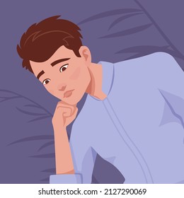 Young handsome businessman portrait, pensive pose, sad thoughtful. Thinking smart stylish student, guy, formal office wear full sleeves shirt. Vector flat style creative illustration, plant background