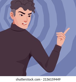 Young handsome businessman portrait, talking finger pointing gesture. Office man, business look smart guy, black turtleneck sweater outfit, social media profile picture. Vector flat style illustration