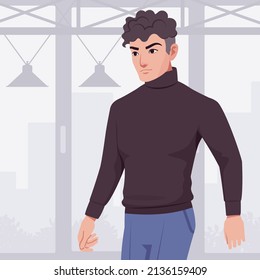 Young handsome businessman portrait, walking pose, seriously thoughtful. Office man, business casual look smart guy, sporty chic outfits, social media profile picture. Vector flat style illustration
