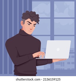 Young handsome businessman portrait, working with laptop. Office man, blogger, freelancer, business guy, black turtleneck sweater outfit, social media profile picture. Vector flat style illustration