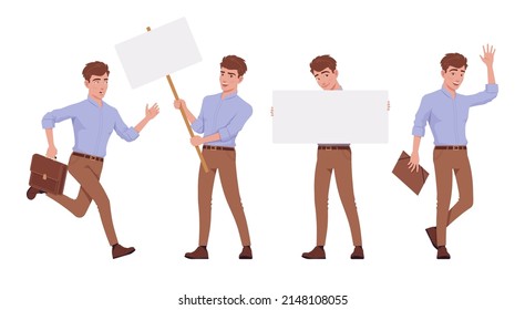 Young handsome businessman set, man busy with copy space banner. Office attire boy, smart male manager formal wear. Vector flat style cartoon character isolated, white background, different position