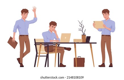 Young handsome businessman set, man busy at workplace with laptop. Office attire boy, male manager in formal wear. Vector flat style cartoon character isolated, white background, different position