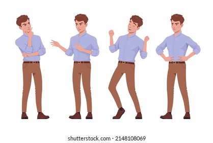 Young handsome businessman set standing pose, positive emotion. Office attire boy, smart male manager formal wear. Vector flat style cartoon character isolated, white background, different positions