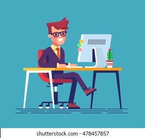 Young handsome Businessman is sitting legs crossed typing something on the desktop computer and friendly smiling. Business concept office work. Modern vector illustration flat style.