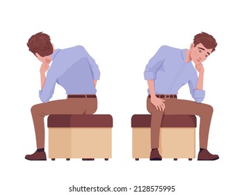 Young handsome businessman sitting on bench, pensive pose, seriously thoughtful. Office boy, male manager in formal wear. Vector flat style cartoon character isolated, white background, front, rear