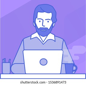 Young handsome Businessman is sitting, typing something on the laptop and friendly smiling. Business concept of office work. Modern vector illustration flat style.