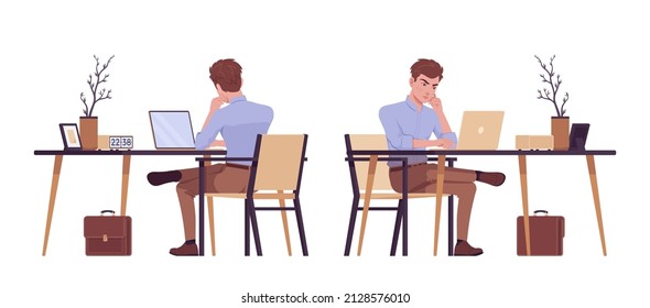 Young handsome businessman sitting, working at desk. Office boy, smart student, male manager in formal wear. Vector flat style cartoon character isolated on white background, front, rear view