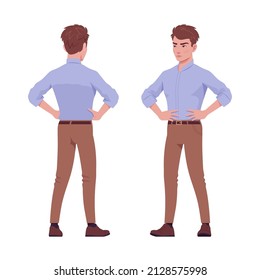 Young handsome businessman standing, confident akimbo pose, corporate trainer. Office boy, male manager in formal wear. Vector flat style cartoon character isolated on white background, front, rear