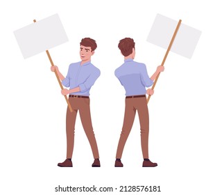 Young handsome businessman standing with empty copy space stick banner. Office attire boy, male manager in formal wear. Vector flat style cartoon character isolated on white background, front, rear