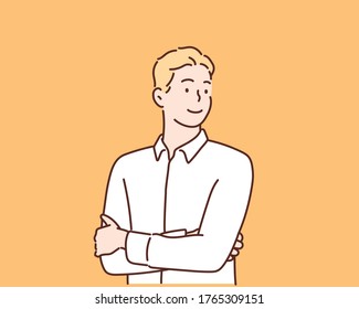 Young handsome businessman standing with folded arms. Hand drawn style vector design illustrations.