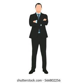 Young handsome businessman standing with folded arms. Dark suit, blue tie and shirt. Front view. Flat vector illustration