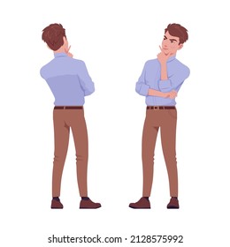 Young handsome businessman standing, pensive pose, seriously thoughtful. Office attire boy, male manager in formal wear. Vector flat style cartoon character isolated, white background, front, rear