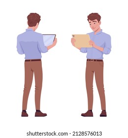 Young handsome businessman standing with tablet. Office boy, student, male manager in formal wear. Vector flat style cartoon character isolated, white background, front, rear