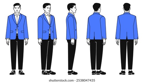 Hombre de negocios guapo joven que lleva el blazer azul, la camisa blanca, los pantalones negros y los zapatos que se colocan delante, detrás, lado, vista de la media vuelta. Ilustración vectorial lineal aislada