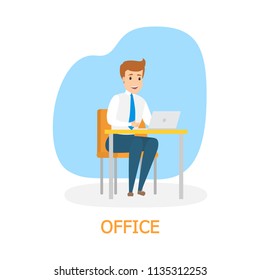 Young handsome businessman working in office. Happy office worker surfing the internet. Isolated flat vector illustration