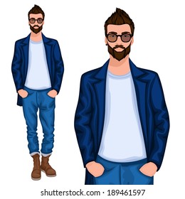 Young handsome casually dressed hipster geek guy with modern haircut in jeans vector illustration