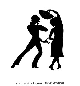 Junge schöne Paar in Liebe tanzen Flamenco. Schwarze Silhouetten einzeln auf weißem Hintergrund.