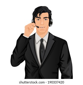 Young handsome customer service representative man in formal suit with headphones set vector illustration