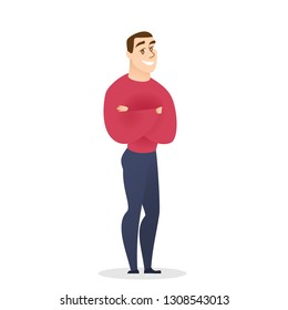 Young Handsome Dark Haired Man Cartoon Character in Red Shirt and Blue Jeans Standing Up Straight with Crossed Arms on Chest Front View. Flat Style Vector Illustration Isolated on White Background.