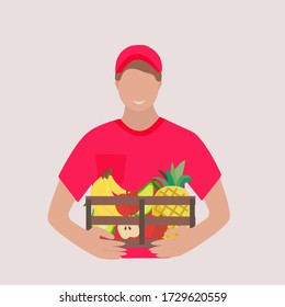Young handsome delivery man with box of goods, fruits and vegetables in his hands. Vector flat illustration.  