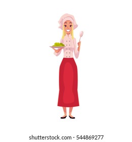 Young and handsome female chef, cook, waitress in white uniform holding a plate, cartoon vector illustration isolated on white background. Full length portrait of restaurant, cafe female cook