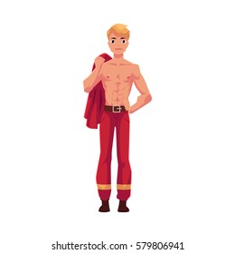 Young handsome firefighter, fireman in red protective suit with naked torso, cartoon vector illustration isolated on white background.