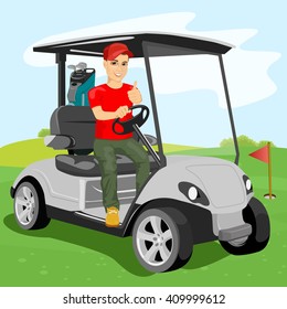young handsome golfer driving a golf-cart with clubs on the back at golf course 