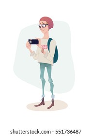 Young handsome guy with a backpack takes a photo on his smartphone. Student with camera. Vector illustration.