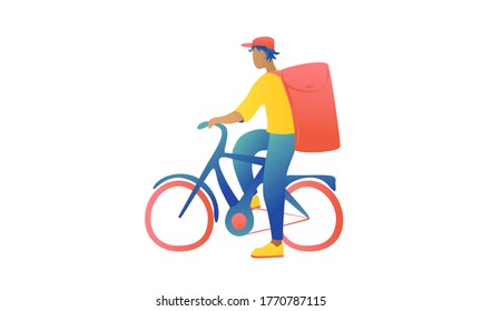 A young handsome guy in a cap is standing with a bicycle at the traffic light with home delivery. Courier en route to your home. Fast delivery on a white background.