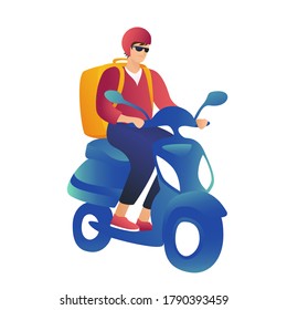 Young handsome guy in a jacket rides a scooter on a white background. A courier on a moped in a helmet with a thermal bag will deliver the order to your home. Delivery concept, fresh design.