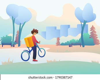 A young handsome guy looks into a smartphone next to a bike on the background of an abstract background of the city. A courier on a bike in glasses with a thermal bag and a mobile looks at the map. 