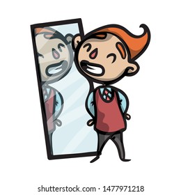 A young handsome guy looks in the mirror and shows off in front of him.