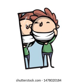 A young handsome guy looks in the mirror and shows off in front of him.