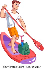 A young handsome guy with a paddle and a backpack is traveling on a SUP Board