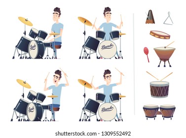 Young handsome guy playing the drums. A set of percussion instruments. Drummer practiced and trained.