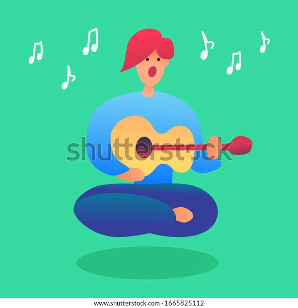 ギターを弾き歌うハンサムな若い男 瞑想ポーズで座る若い赤毛の男性で 黄色いギターで音楽を作っています のベクター画像素材 ロイヤリティフリー