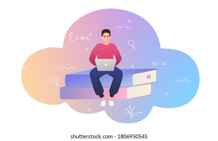 Young handsome guy is sitting on books with a laptop. Cloud library concept of easily reading of your favorite books.