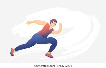 Young handsome guy in sunglasses and a tracksuit runs against a backdrop of clouds. Banner invitation to a sports club. The race.