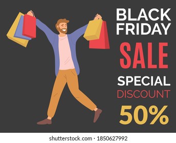 Un joven y apuesto tipo feliz compra regalos en venta. Carácter masculino con bolsas de compras en sus manos el viernes negro. Anuncio de un descuento especial del cincuenta por ciento. Ventas de Holliday en la tienda