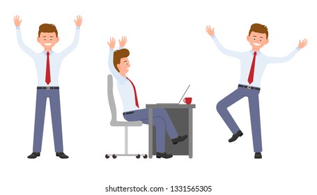 Young, handsome, happy office man in formal wear jumping, sitting, standing hands up, having fun. Cartoon character design of cute adult guy joyful, carefree emotional concept