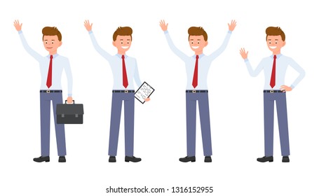 Young, handsome, happy office worker in formal wear waving, standing hands up, saying hello. Cartoon character design of cute, friendly adult man joyful, carefree emotional concept