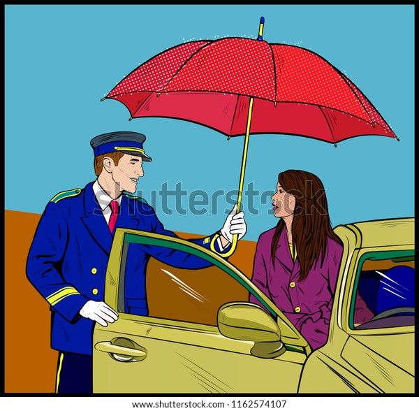 Young handsome hotel porter man holding car door\
and a doorman umbrella for beautiful sexy business woman, \
protecting her. Romantic relationship first meeting, retro Vintage\
comic Pop Art - Vector