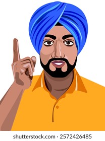 Young handsome Indian man in turban with raised index finger figure of Indian man waist-deep in front Vector