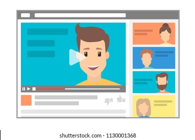 Young handsome male blogger making a review. Advertising online using the website. Popular videoblogger with an influence on the audience. Flat vector illustration