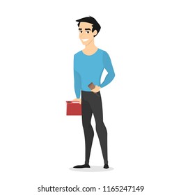 Young handsome male character standing in the blue sweater and black jeans with coffee and book. Front view of a man in casual clothes. Isolated vector illustration in cartoon style