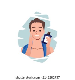 Young handsome man applies aftershave moisturizer lotion on his face from bottle. Cartoon portrait of guy in flat vector illustration isolated on white background. Skincare, beauty treatment, home spa