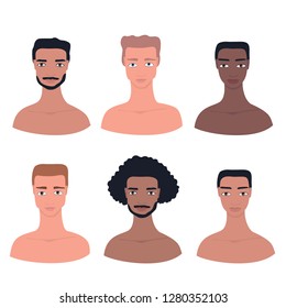 Young handsome man avatar Male profile picture Hand drawn cartoon character set Different nationality ethnicities collection African American Asian Caucasian Mixed Pacific Islander Guys Face portrait